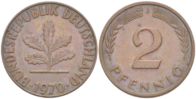 ФРГ 2 ПФЕННИГА 1970 J KM 106а, J. 381а сталь плакированная сталь плакированная медьюю 4181-758