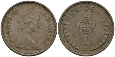 Великобритания 1/2 пенни 1971 Елизавета II (1952-2022) KM 914, Spink 4239 бронза 4396-1068