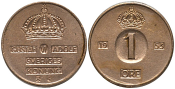 Швеция 1 эре 1953 TS, Густав VI Адольф (1950-1973), в лаке KM 820 бронза 54-211