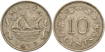 Мальта 10 центов 1972 баржа Великого магистра KM 11 медно-никель 4137-916