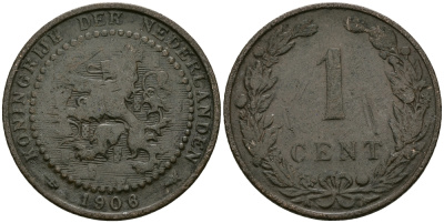 НИДЕРЛАНДЫ 1 ЦЕНТ 1906 ВИЛЬГЕЛЬМИНА (1890-1948) KM 132.1 бронза 176-639