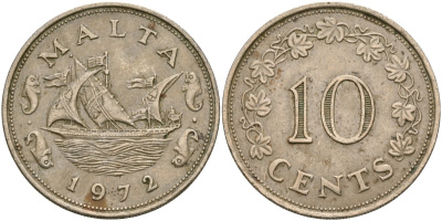 Мальта 10 центов 1972 баржа Великого магистра KM 11 медно-никель 4137-916