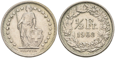 Швейцария 1/2 франка 1968 KM 23а.1 медно-никель 4567-933