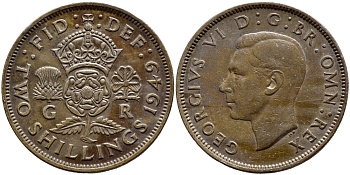 Великобритания 2 шиллинга (флорин) 1949 Георг VI (1936-1952) KM 878, Spink 4107 медно-никель 35-643