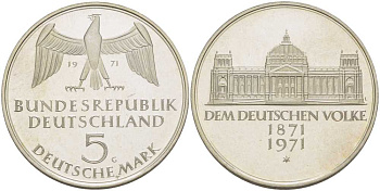 ФРГ 5 марок 1971 G, 100 лет основания Германской Империи KM 128.1, J. 409 серебро PROOF 180-1022