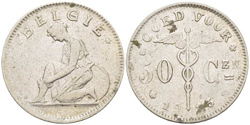 БЕЛЬГИЯ 50 САНТИМОВ 1923 BELGIE KM 88 никель 100-1043