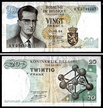 Бельгия 20 франков 1964 Pick 138 (3) бумага 7551-13-1-2