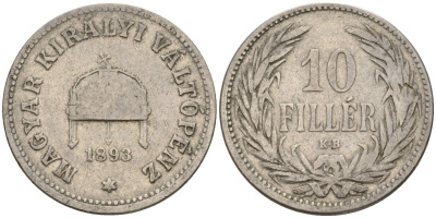 Венгрия 10 филлеров 1893 KB, Франц Иосиф I (1848-1916) KM 482 никель 4151-1049
