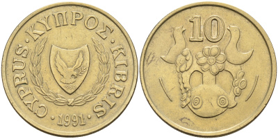Кипр 10 центов 1991 амфора KM 56.3 никель латунь    4595-936