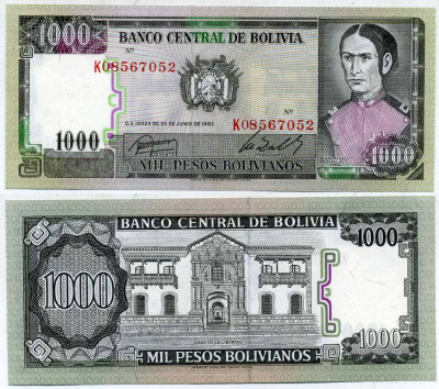 Боливия 1000 песо боливиано 1982 Хуана Асурдуй де Падилья Pick 167a (3) бумага UNC (пресс) 6283-18-1
