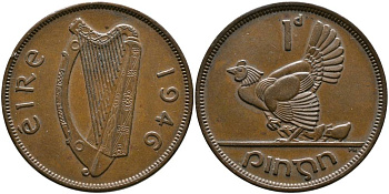 ИРЛАНДИЯ 1 ПЕННИ 1946 КУРИЦА С ЦЫПЛЯТАМИ KM 11 бронза 4531-643