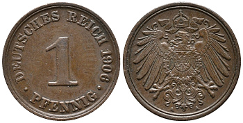 ГЕРМАНИЯ 1 ПФЕННИГ 1906 А KM 10, J. 10 медь 100-1252