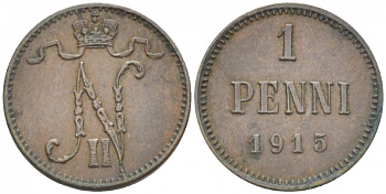 РОССИЯ ДЛЯ ФИНЛЯНДИИ 1 ПЕННИ 1915 НИКОЛАЙ II KM 13, Биткин 475 медь 261-1145