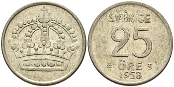 Швеция 25 эре 1958 Густав VI Адольф (1950-1973) KM 824 серебро 4585-461