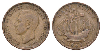 Великобритания 1/2 пенни 1943 Георг VI (1936-1952) KM 844, Spink 4115 бронза 4662-1054