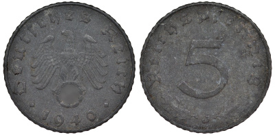 Германия 5 рейхспфеннигов 1940 J - Гамбург KM 91 цинк 4173-651