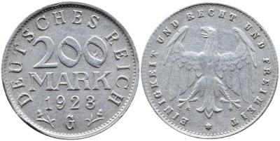 ГЕРМАНИЯ 200 МАРОК 1923 G KM 35, J. 304 алюминий 4390-933