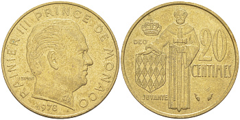 Монако 20 сантимов 1978 Ренье III (1949-2005) KM 143 алюминиевая бронза 190-515