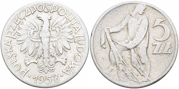 ПОЛЬША 5 ЗЛОТЫХ 1958 MW, РЫБАК KM 47 алюминий 4517-746