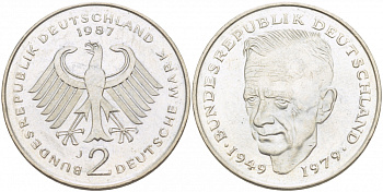 ФРГ 2 МАРКИ 1987 J, КУРТ ШУМАХЕР KM 149, J. 424 медно-никель плакированный никелем 3718-951