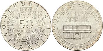 Австрия 50 шиллингов 1973 500 лет готическому дому в Штайре, Bummerlhaus KM 2916 серебро UNC 04-323-32