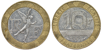 Франция 10 франков 1991 тип гений Бастилии KM 964.1, Le Frank 375.6 биметалл 45-831