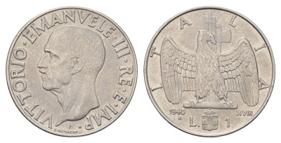 Италия 1 лира 1940 Виктор Эммануил III (1900-1946), не магнетик KM 77a нержавеющая сталь 4119-1217