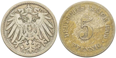 ГЕРМАНИЯ 5 ПФЕННИГОВ 1900 A KM 11, J. 12, Weege 6 медно-никель 206-926