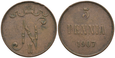 Россия для Финляндии 5 пенни 1907 Николай II (1894-1917) KM 15, Биткин 448 медь 259-1134