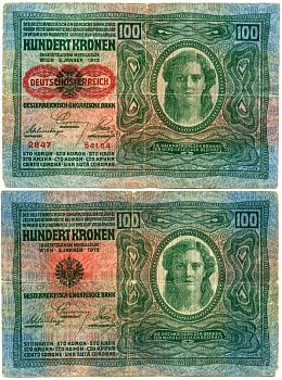 Австрия 100 крон 1912 (1919) красная надпечатка на Pick 12, на аверсе Pick 56 a бумага 444-80-2