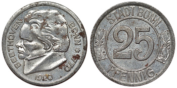 Германия, Бонн 25 пфеннигов 1920 Северный Рейн-Вестфалия, нотгельд Funck 51.2A железо 4121-441