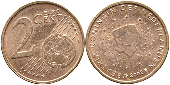НИДЕРЛАНДЫ 2 ЕВРОЦЕНТА 2002 KM 235 сталь плакированная медью UNC 4392-115