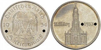 Германия 5 рейхсмарок 1934 А, Берлин, кирха, Потсдам 21 марта 1933 J. 356, KM 82 серебро PROOF 00-000-00