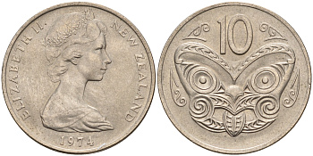 Новая Зеландия 10 центов 1974 Елизавета II (1952-2022), маска маори KM 41.1 медно-никель    4603-251