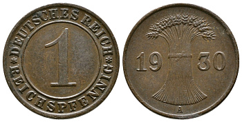 ГЕРМАНИЯ 1 РЕЙХСПФЕННИГ 1930 A KM 37, J. 313 бронза 4380-1217