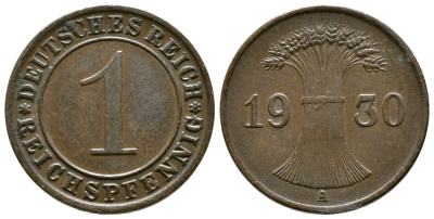 ГЕРМАНИЯ 1 РЕЙХСПФЕННИГ 1930 A KM 37, J. 313 бронза 4380-1217