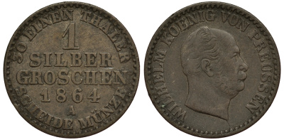 Пруссия 1 грош 1864 А, Вильгельм I (1861-1888) KM 485, Olding 415, AKS 103, Jaeger 89 серебро 413-5334
