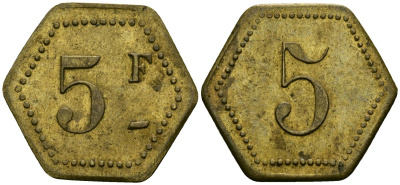 Франция 5 франков XIX-XX век ресторанный жетон латунь 4166-1016