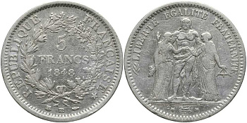 Франция 5 франков 1848 ВВ, богини Равенства и Братства, Геркулес, Le Franc 326.2 KM 756.2, Le Franc 326.2 серебро    633-1132