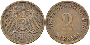 ГЕРМАНИЯ 2 ПФЕННИГА 1910 G KM 16, J. 11, Weege 4 медь 206-554
