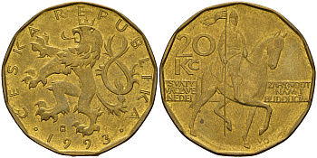 Чехия 20 крон 1993 чешский лев, герцог Вацлав на коне KM 5 сталь плакированная латунью    4599-632