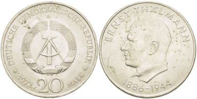 ГДР 20 марок 1971 A, 85 лет со дня рождения Эрнста Тельмана KM 34, J. 1535 медно-никель 4521-416