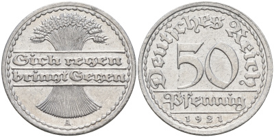Германия 50 пфеннигов 1921 A KM 27, J.301, Weege 10 алюминий    4153-253