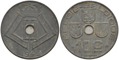 Бельгия 10 сантимов 1945 Belgie - Belgique, Леопольд III (1934-1947), германская оккупация, Вторая мировая война KM 126 цинк 4161-352