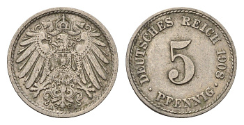Германия 5 пфеннигов 1908 A KM 11, J. 12 медно-никель 4696-641
