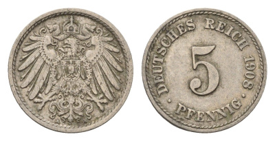 Германия 5 пфеннигов 1908 A KM 11, J. 12 медно-никель 4696-641