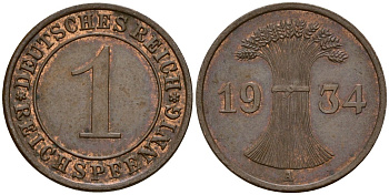 Германия 1 рейхспфенниг 1934 A KM 37, J. 313 бронза 192-962