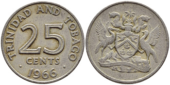 Тринидад и Тобаго 25 центов 1966 герб KM 4 медно-никель 4396-636