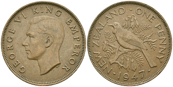 Новая Зеландия 1 пенни 1947 птица туи, король Георг VI (1937 - 1952) KM 13 бронза 88-321