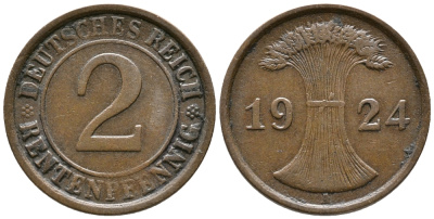 ГЕРМАНИЯ 2 РЕНТЕНПФЕННИГА 1924 A KM 31, J. 307 бронза 24-524